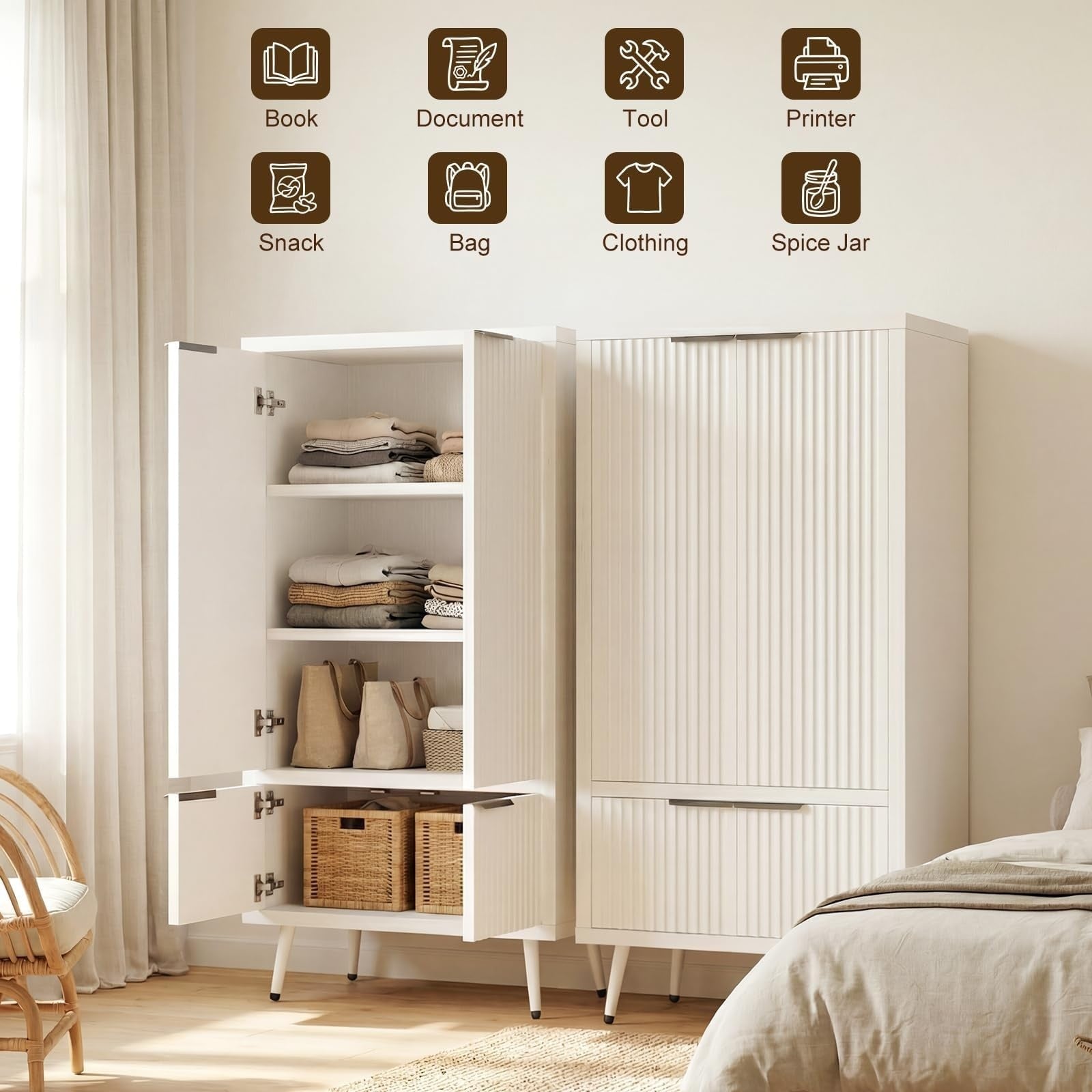 Bathroom Storage Cabinet, 51.2" H Freestanding Pantry Cabinet with 4 Doors, Adjustable Shelf & Raised Legs for Bathroom, Kitchen, Living Room, White