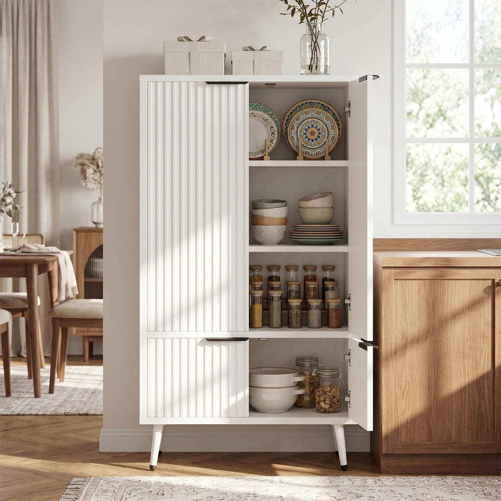 Bathroom Storage Cabinet, 51.2" H Freestanding Pantry Cabinet with 4 Doors, Adjustable Shelf & Raised Legs for Bathroom, Kitchen, Living Room, White