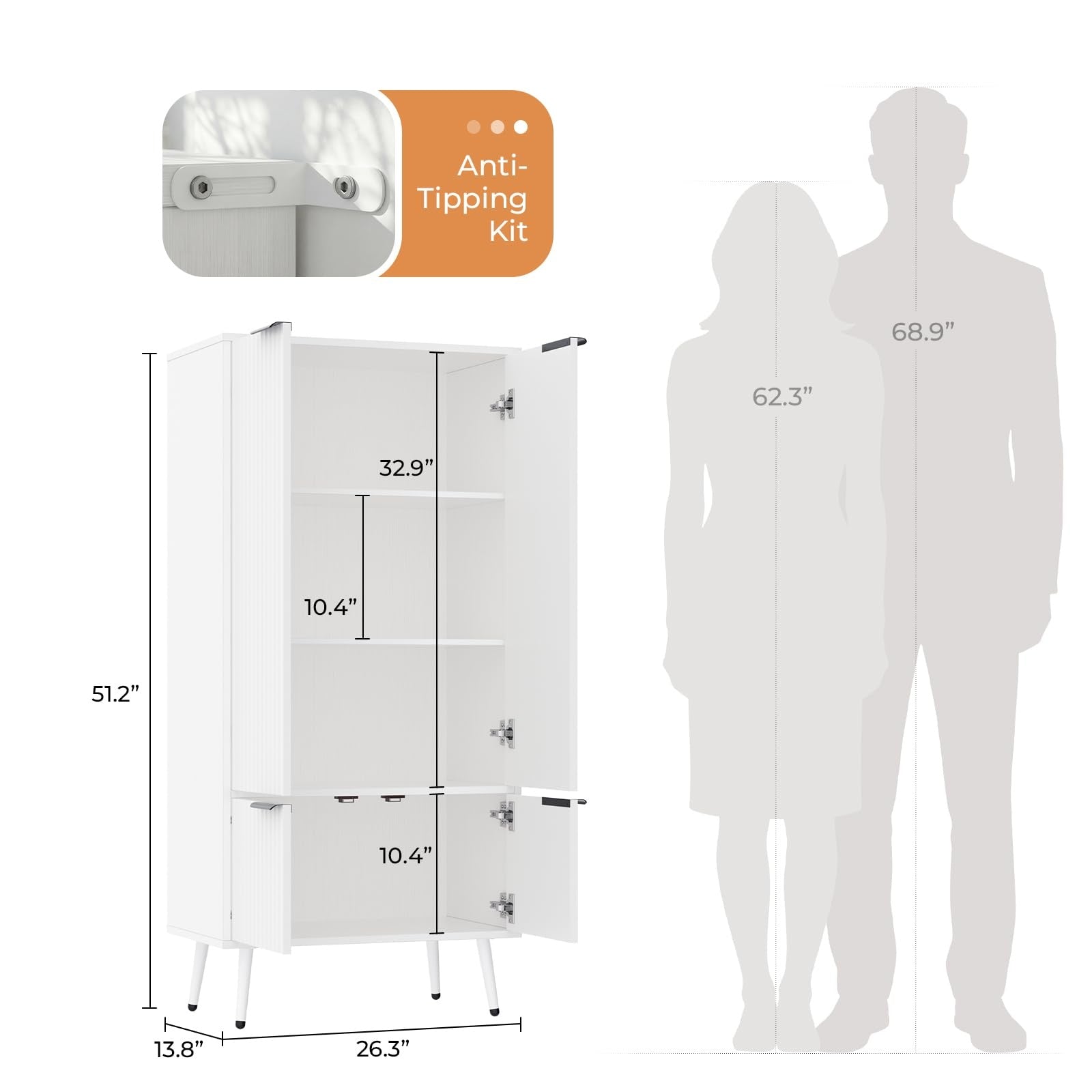 Bathroom Storage Cabinet, 51.2" H Freestanding Pantry Cabinet with 4 Doors, Adjustable Shelf & Raised Legs for Bathroom, Kitchen, Living Room, White