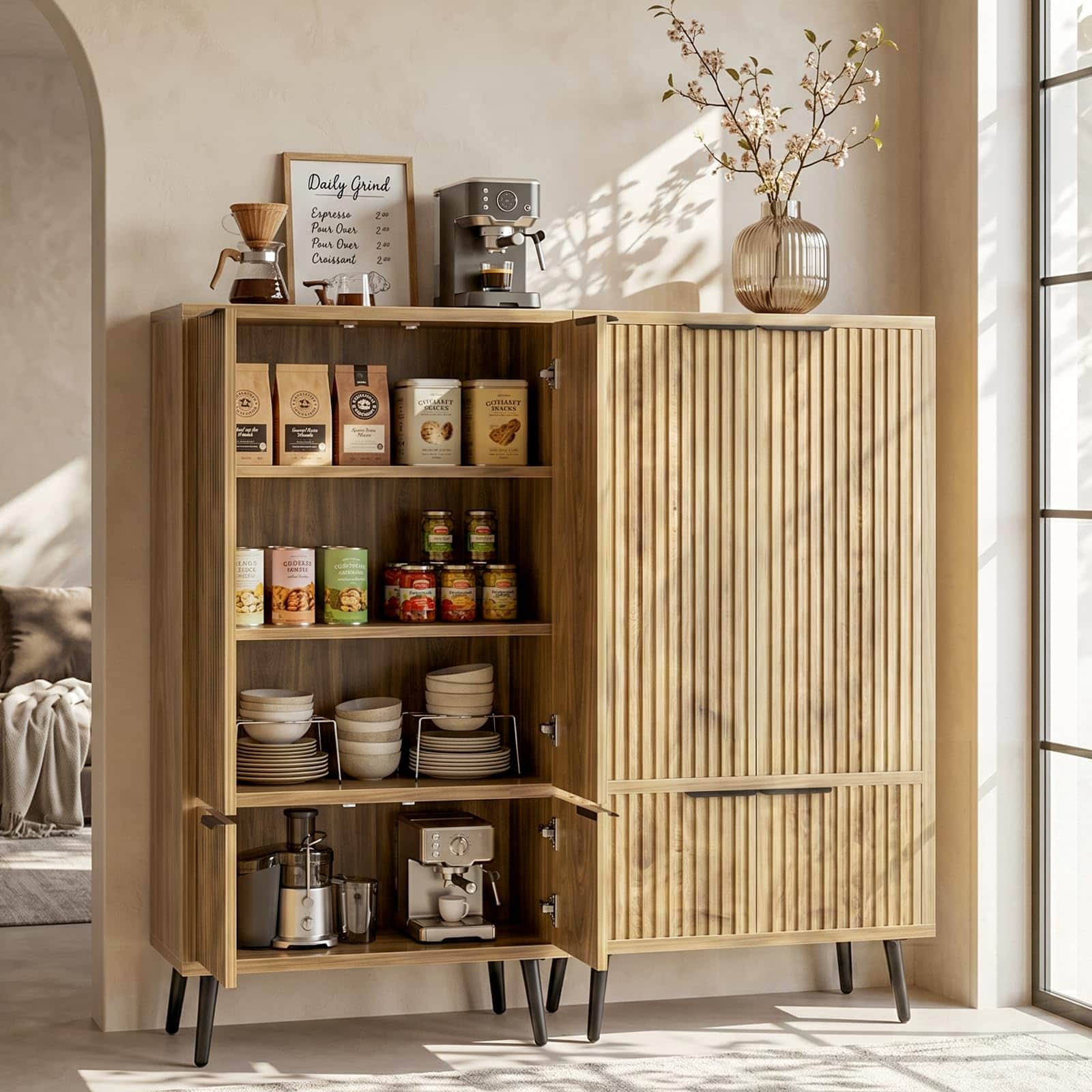 Bathroom Storage Cabinet Set of 2, 47.2" Wide Freestanding Pantry Cabinet with 8 Doors, Adjustable Shelf & Raised Legs for Bathroom, Kitchen, Living Room