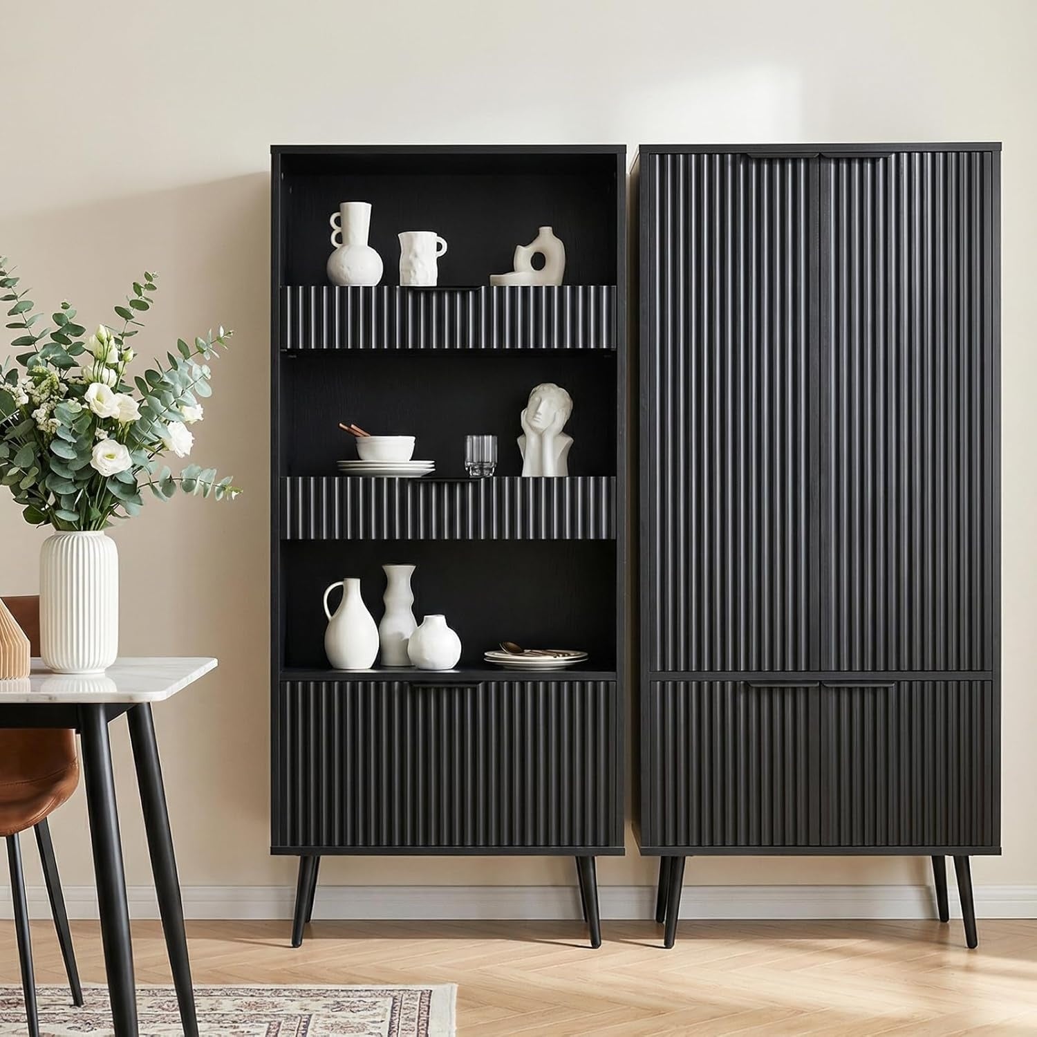 Set of 2 Freestanding Bathroom Storage Cabinets, 47.2" Wide Floor Pantry Cabinet Combo with Fluted Doors & Drawers, Wooden Organizer with Adjustable Shelves & 6.1" Raised Legs, White