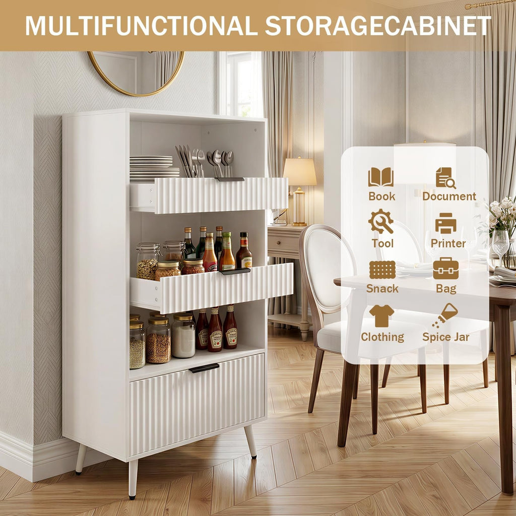 Set of 2 Freestanding Bathroom Storage Cabinets, 47.2" Wide Floor Pantry Cabinet Combo with Fluted Doors & Drawers, Wooden Organizer with Adjustable Shelves & 6.1" Raised Legs, White