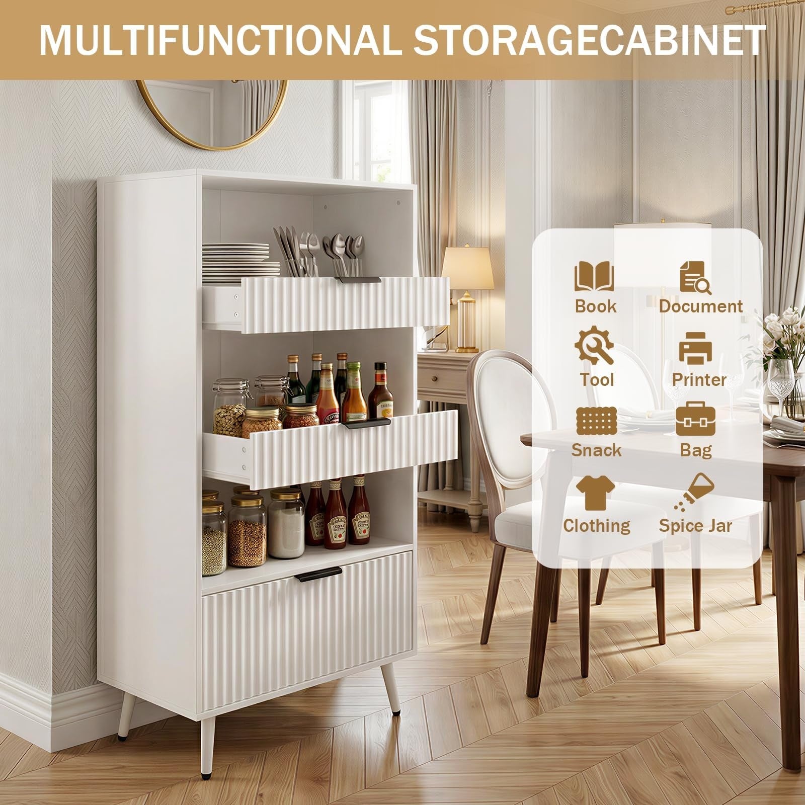 Set of 2 Freestanding Bathroom Storage Cabinets, 47.2" Wide Floor Pantry Cabinet Combo with Fluted Doors & Drawers, Wooden Organizer with Adjustable Shelves & 6.1" Raised Legs, White