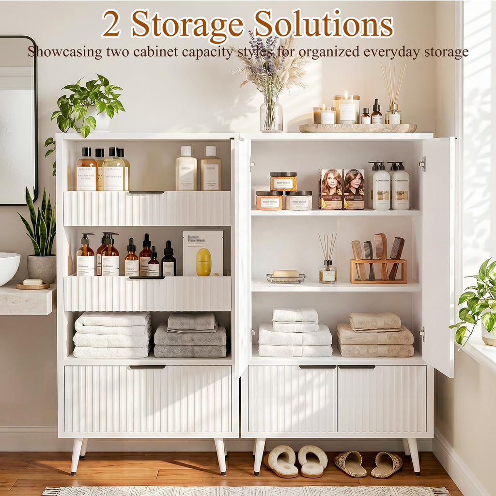 Set of 2 Freestanding Bathroom Storage Cabinets, 47.2" Wide Floor Pantry Cabinet Combo with Fluted Doors & Drawers, Wooden Organizer with Adjustable Shelves & 6.1" Raised Legs, White