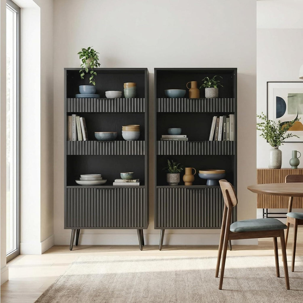 Bathroom Storage Cabinet, 51.2" H 5-Tier Freestanding Pantry Cabinet with 3 Extra-Large Drawers & Open Shelf, Fluted Floor Organizer Cupboard for Kitchen, Living Room, Anti-Tip, White
