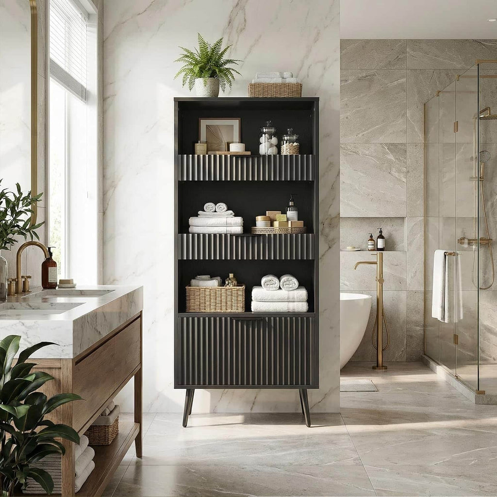 Bathroom Storage Cabinet, 51.2" H 5-Tier Freestanding Pantry Cabinet with 3 Extra-Large Drawers & Open Shelf, Fluted Floor Organizer Cupboard for Kitchen, Living Room, Anti-Tip, White