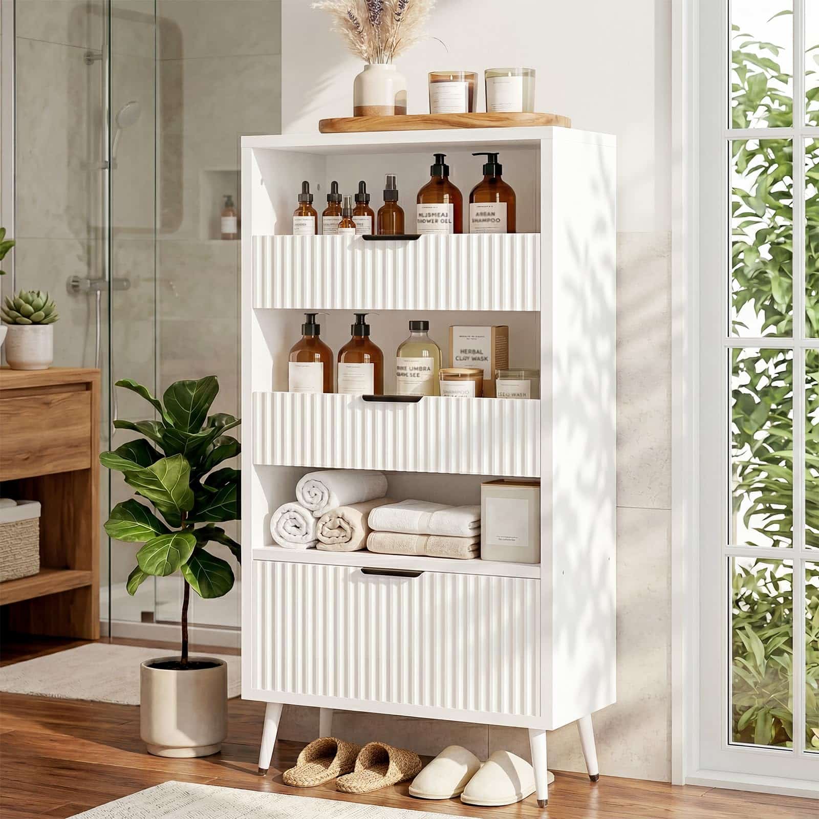 Bathroom Storage Cabinet, 51.2" H 5-Tier Freestanding Pantry Cabinet with 3 Extra-Large Drawers & Open Shelf, Fluted Floor Organizer Cupboard for Kitchen, Living Room, Anti-Tip, White