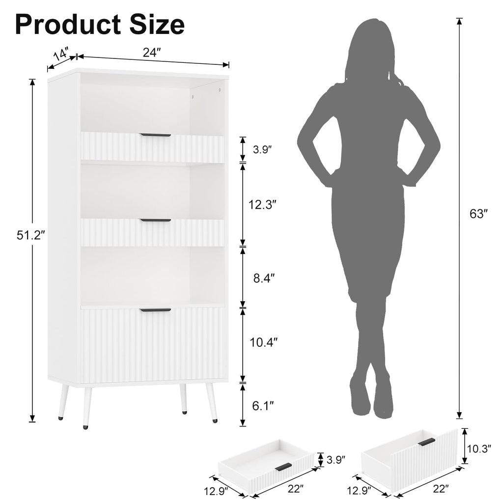 Bathroom Storage Cabinet, 51.2" H 5-Tier Freestanding Pantry Cabinet with 3 Extra-Large Drawers & Open Shelf, Fluted Floor Organizer Cupboard for Kitchen, Living Room, Anti-Tip, White