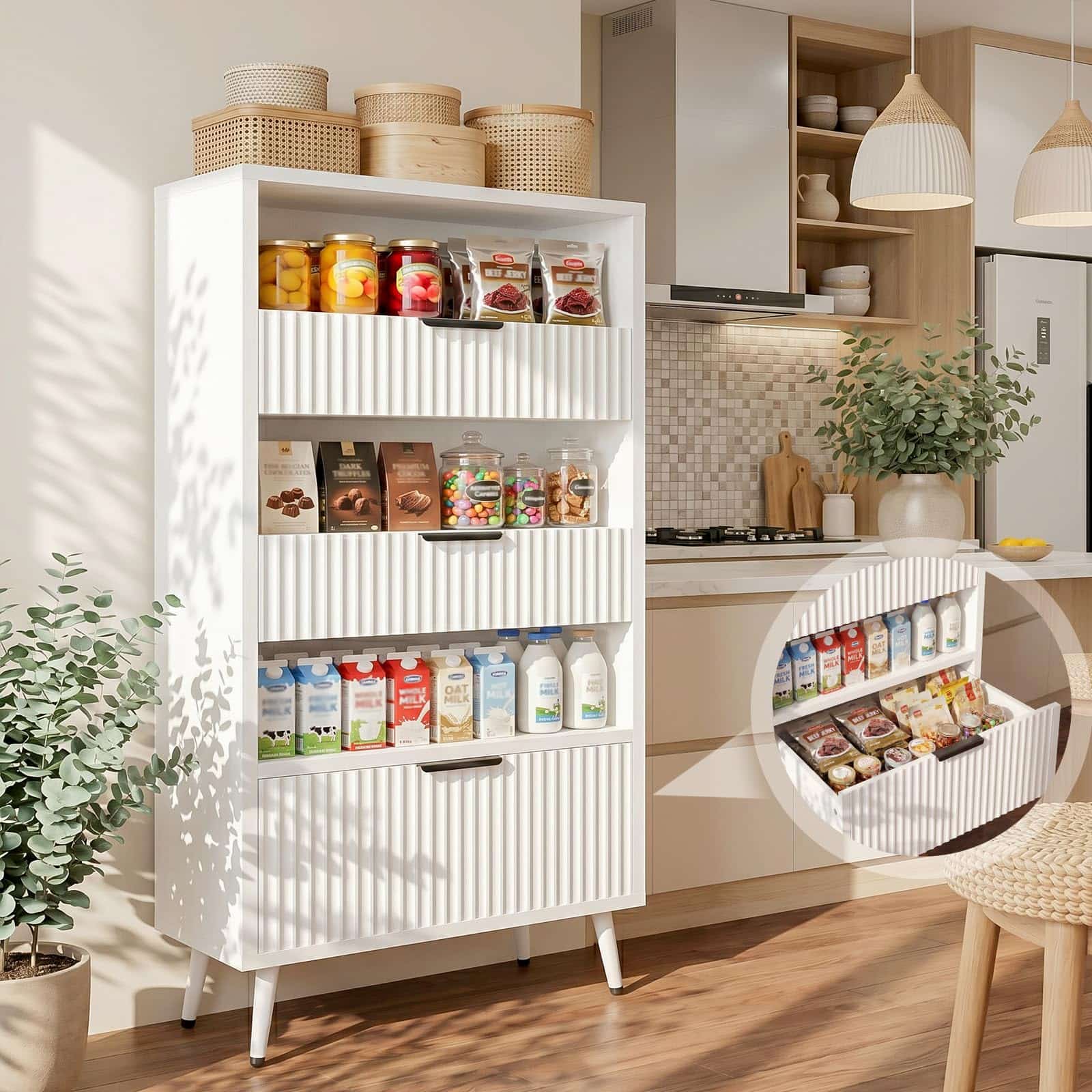Bathroom Storage Cabinet, 51.2" H 5-Tier Freestanding Pantry Cabinet with 3 Extra-Large Drawers & Open Shelf, Fluted Floor Organizer Cupboard for Kitchen, Living Room, Anti-Tip, White