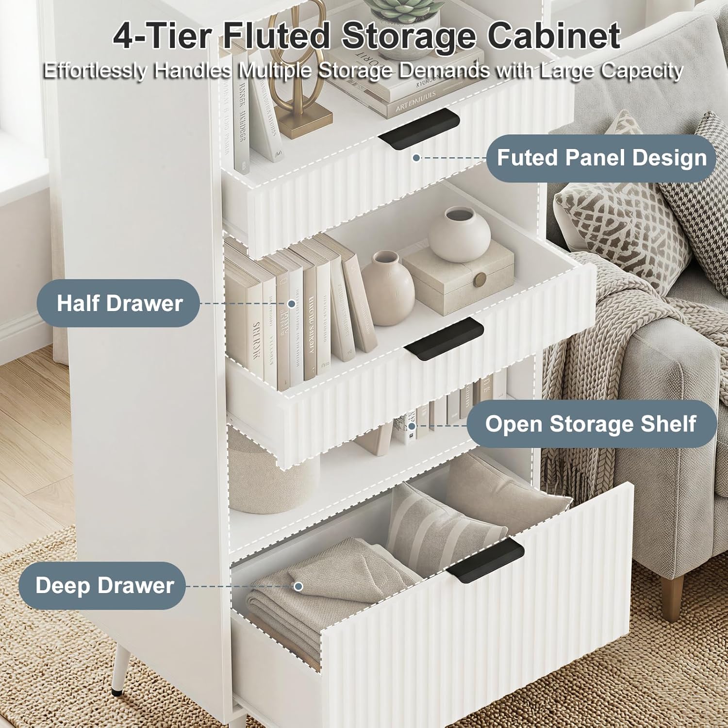 51.2'' Tall Fluted Modern Storage Cabinet with Drawers