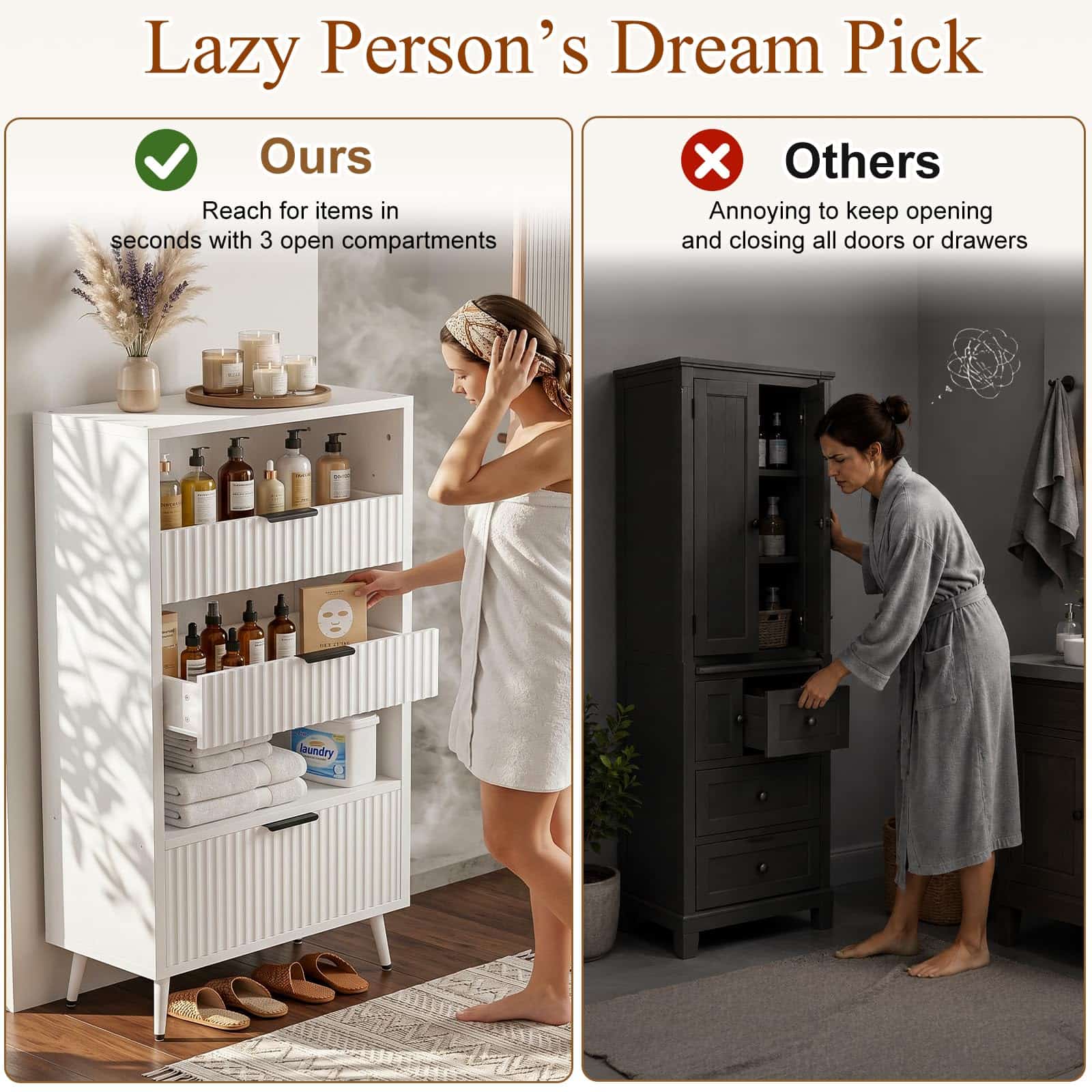 Bathroom Storage Cabinet, 51.2" H 5-Tier Freestanding Pantry Cabinet with 3 Extra-Large Drawers & Open Shelf, Fluted Floor Organizer Cupboard for Kitchen, Living Room, Anti-Tip, White