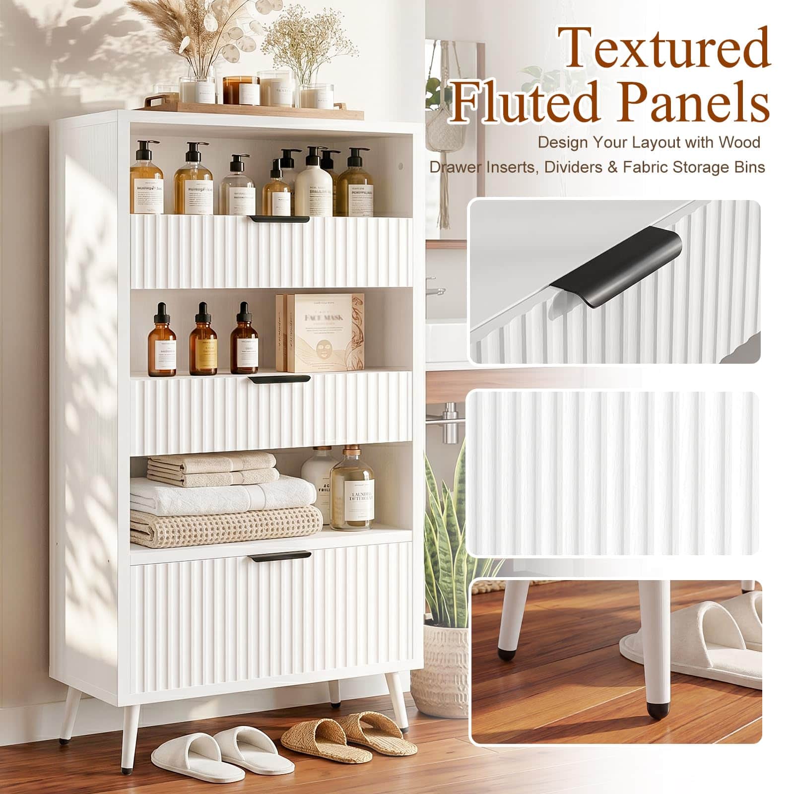 Bathroom Storage Cabinet, 51.2" H 5-Tier Freestanding Pantry Cabinet with 3 Extra-Large Drawers & Open Shelf, Fluted Floor Organizer Cupboard for Kitchen, Living Room, Anti-Tip, White