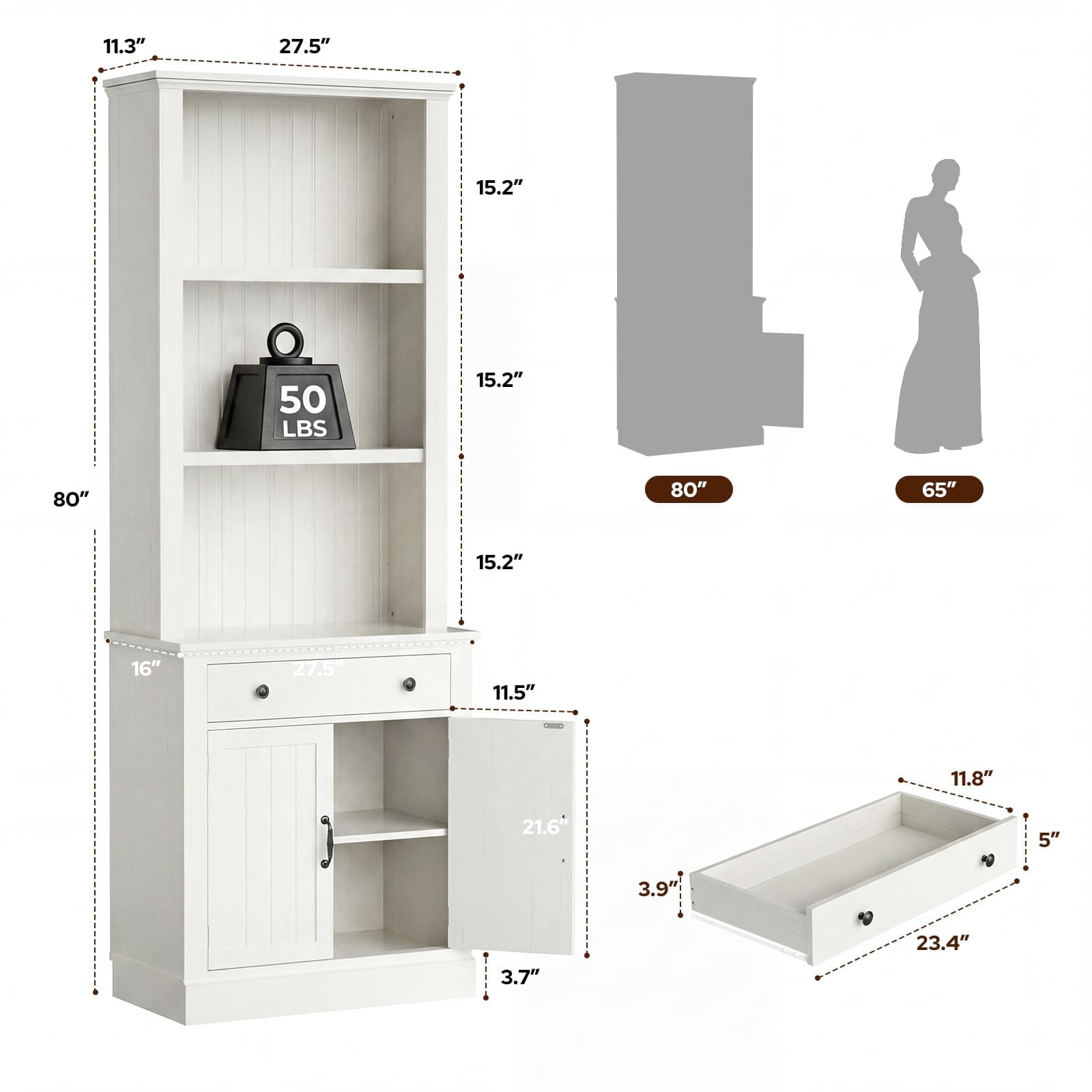 80" Tall Bookshelf with Drawer and Doors
