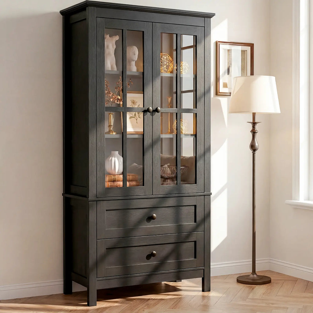63" Kitchen Pantry Cabinet, Modern Farmhouse Storage Cabinet with Tempered Glass Doors & 2 Large Drawers, Kitchen Hutch Cupboard with Adjustable Shelves for Dining Room Living Room