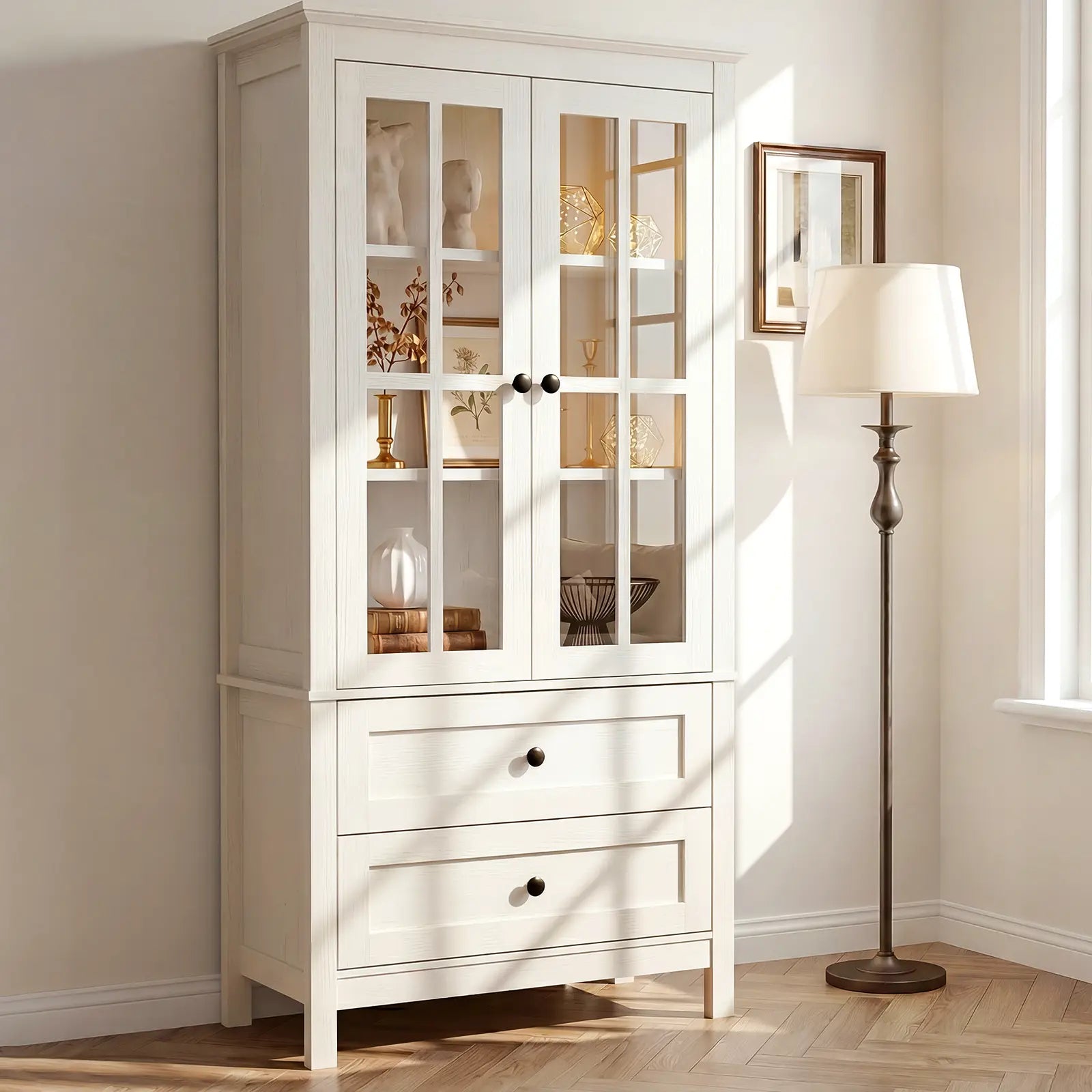 63" Kitchen Pantry Cabinet, Modern Farmhouse Storage Cabinet with Tempered Glass Doors & 2 Large Drawers, Kitchen Hutch Cupboard with Adjustable Shelves for Dining Room Living Room