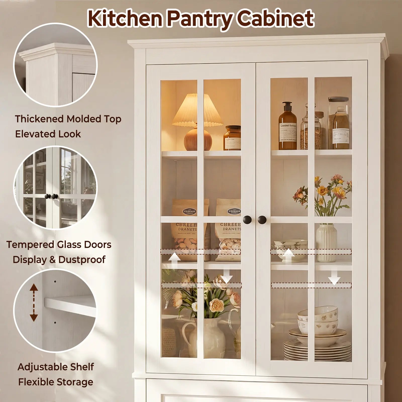 63" Kitchen Pantry Cabinet, Modern Farmhouse Storage Cabinet with Tempered Glass Doors & 2 Large Drawers, Kitchen Hutch Cupboard with Adjustable Shelves for Dining Room Living Room