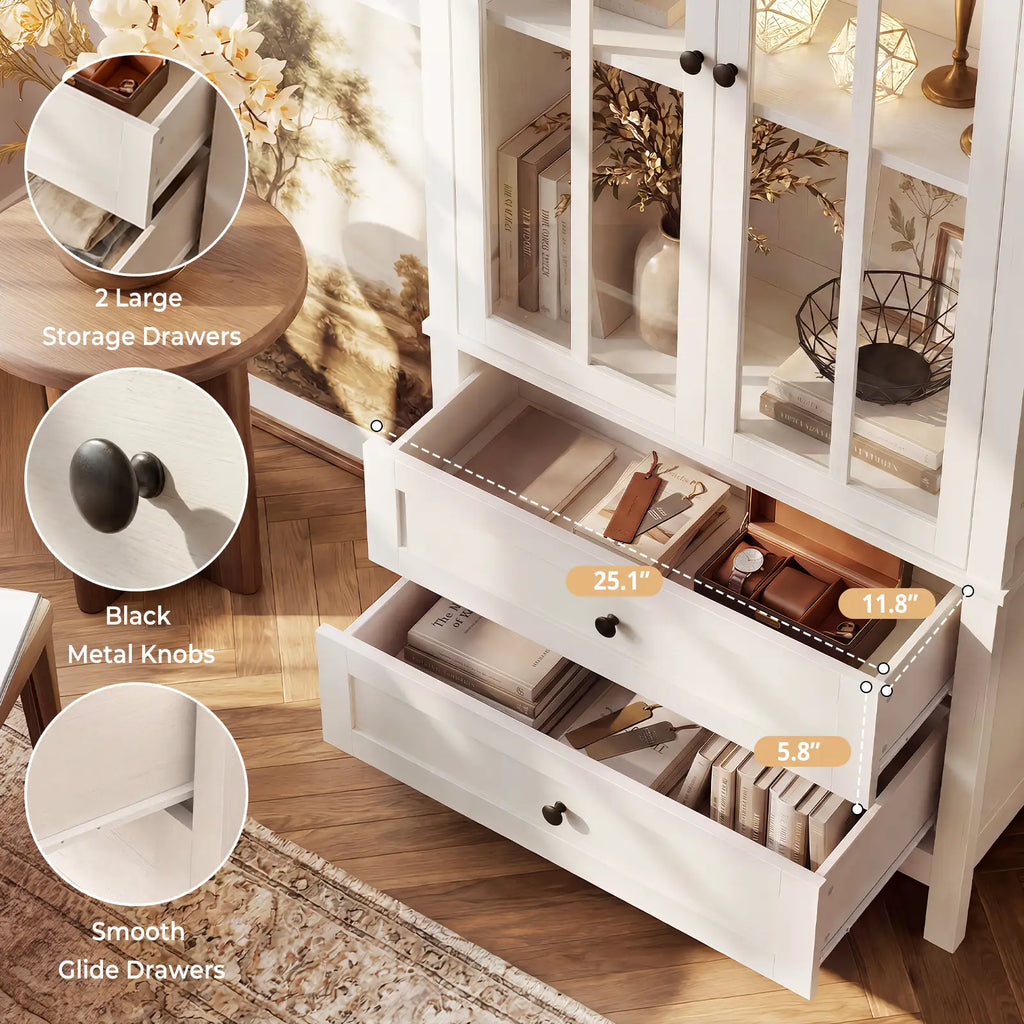 63" Kitchen Pantry Cabinet, Modern Farmhouse Storage Cabinet with Tempered Glass Doors & 2 Large Drawers, Kitchen Hutch Cupboard with Adjustable Shelves for Dining Room Living Room