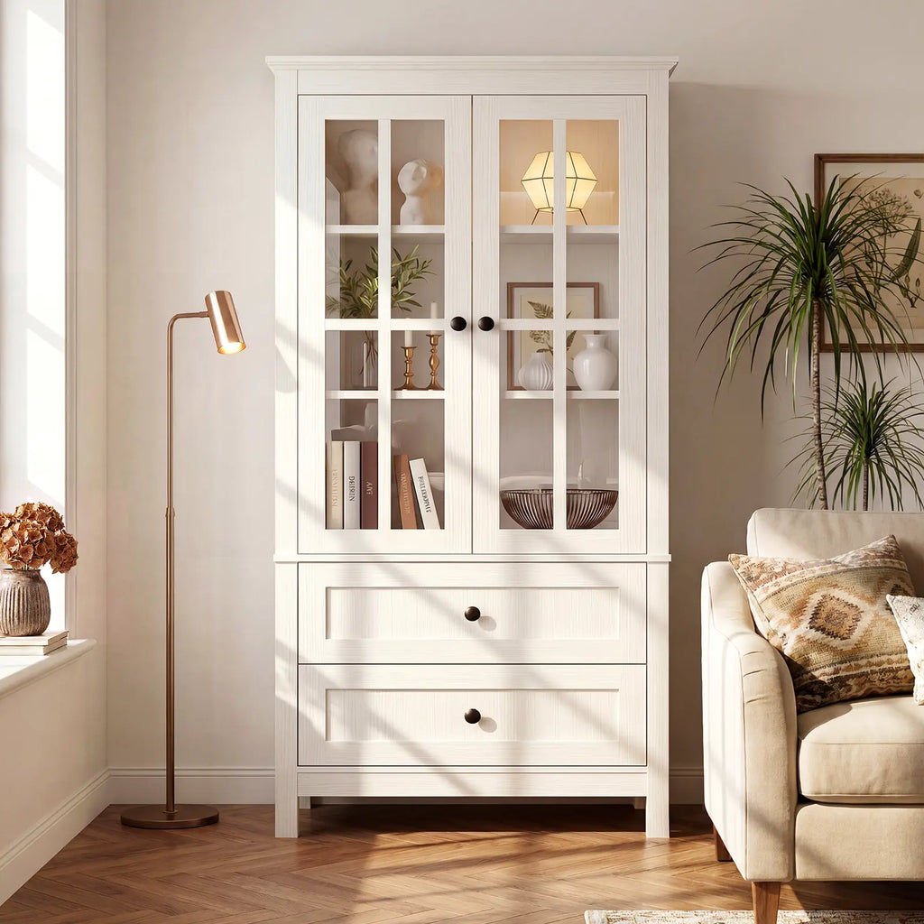 63" Kitchen Pantry Cabinet, Modern Farmhouse Storage Cabinet with Tempered Glass Doors & 2 Large Drawers, Kitchen Hutch Cupboard with Adjustable Shelves for Dining Room Living Room
