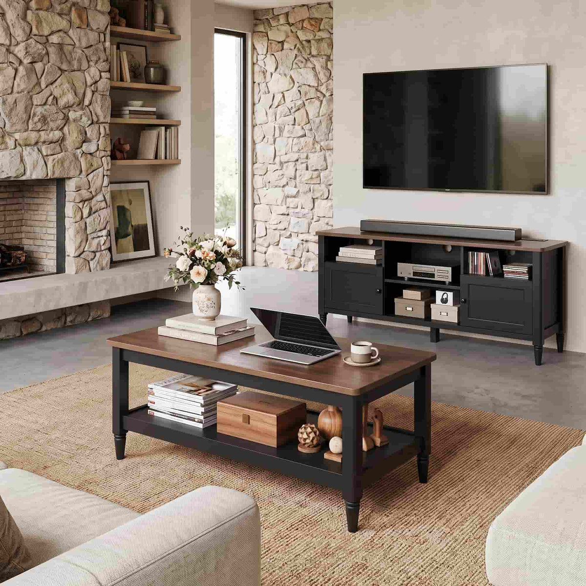 TV Stand and Coffee Table Set of 2, 55" Farmhouse TV Console with Power Outlet & 40" 2-Tier Coffee Table with Storage, Living Room Table Set