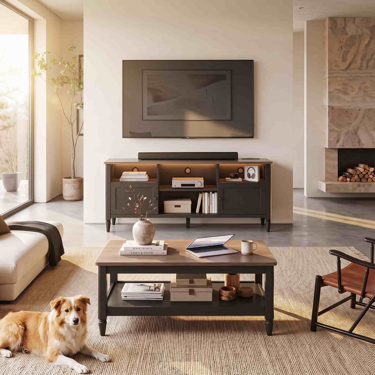 TV Stand and Coffee Table Set of 2, 55" Farmhouse TV Console with Power Outlet & 40" 2-Tier Coffee Table with Storage, Living Room Table Set