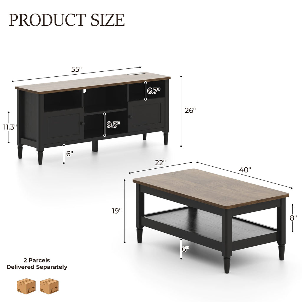 TV Stand and Coffee Table Set of 2, 55" Farmhouse TV Console with Power Outlet & 40" 2-Tier Coffee Table with Storage, Living Room Table Set