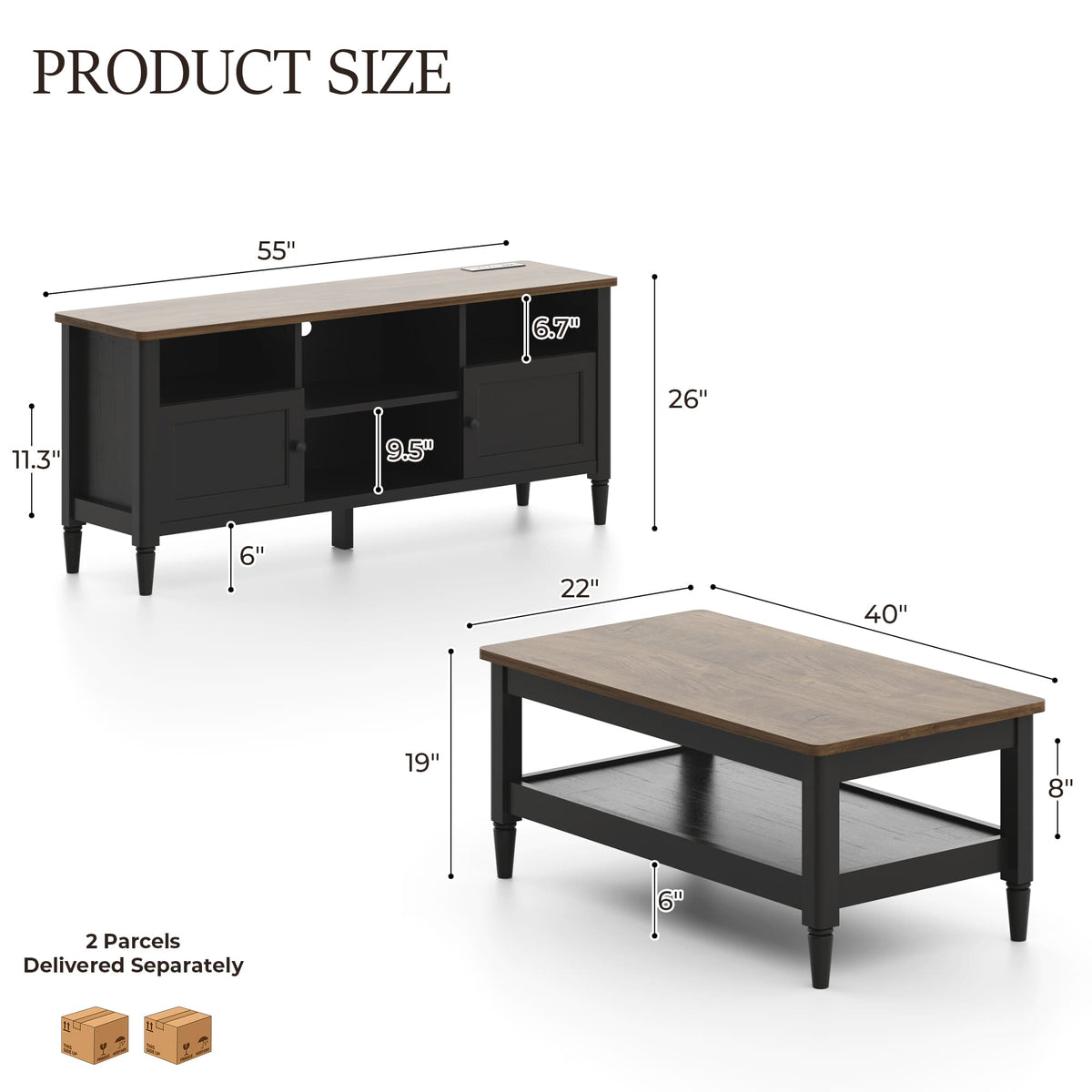 TV Stand and Coffee Table Set of 2, 55" Farmhouse TV Console with Power Outlet & 40" 2-Tier Coffee Table with Storage, Living Room Table Set