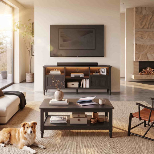 TV Stand and Coffee Table Set of 2, 55" Farmhouse TV Console with Power Outlet & 40" 2-Tier Coffee Table with Storage, Living Room Table Set