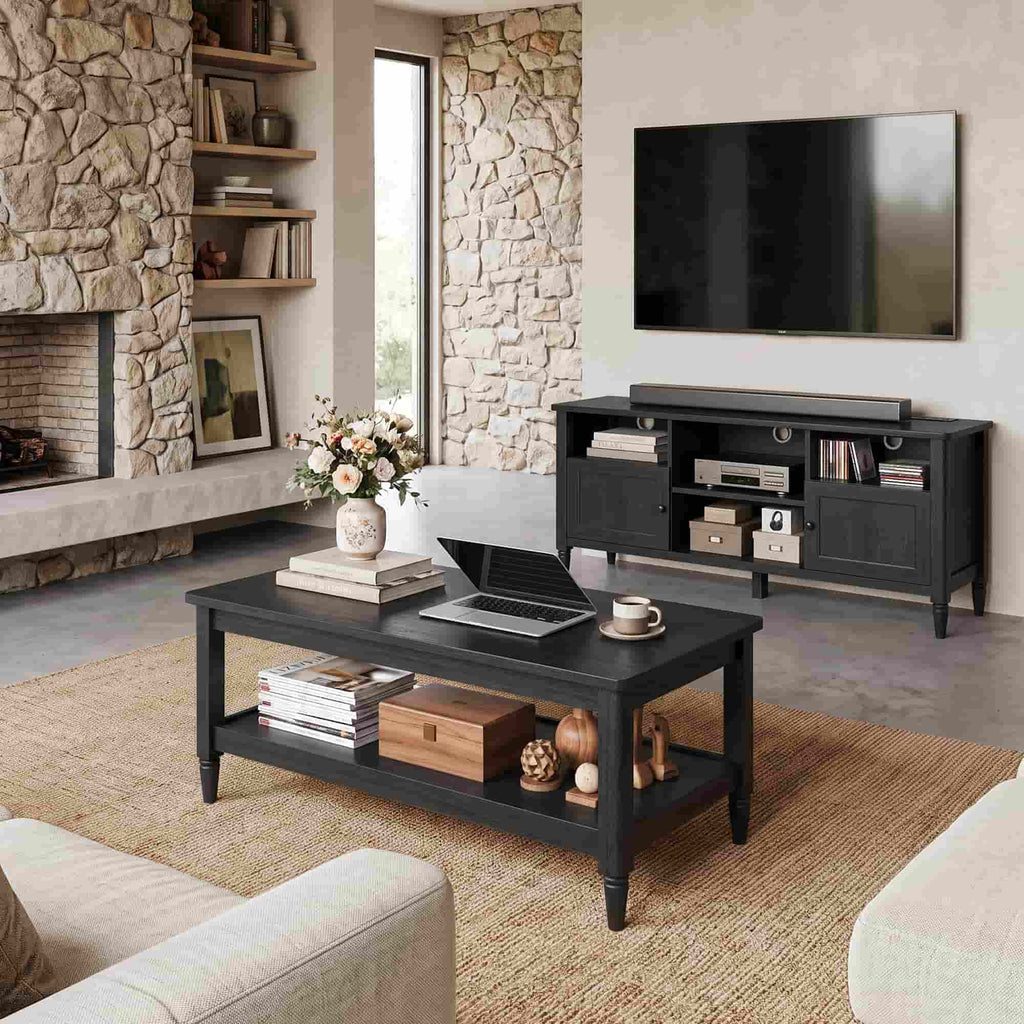 TV Stand and Coffee Table Set of 2, 55" Farmhouse TV Console with Power Outlet & 40" 2-Tier Coffee Table with Storage, Living Room Table Set