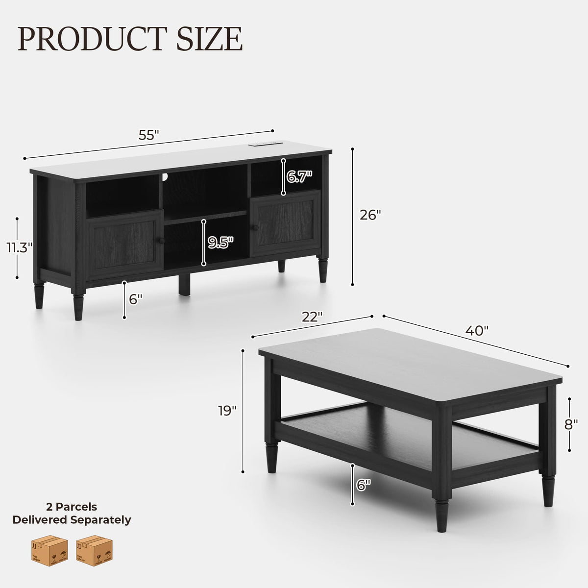 TV Stand and Coffee Table Set of 2, 55" Farmhouse TV Console with Power Outlet & 40" 2-Tier Coffee Table with Storage, Living Room Table Set