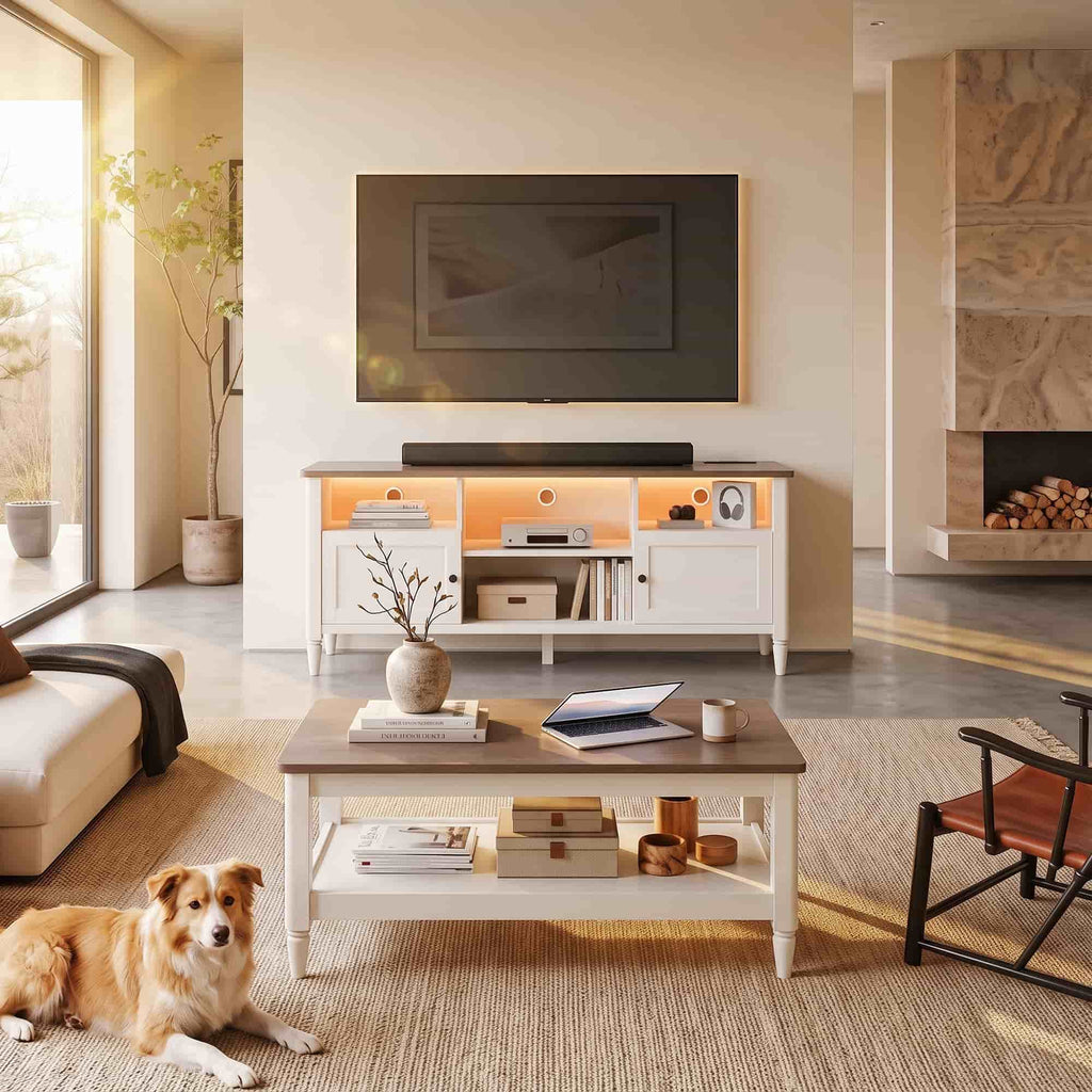TV Stand and Coffee Table Set of 2, 55" Farmhouse TV Console with Power Outlet & 40" 2-Tier Coffee Table with Storage, Living Room Table Set