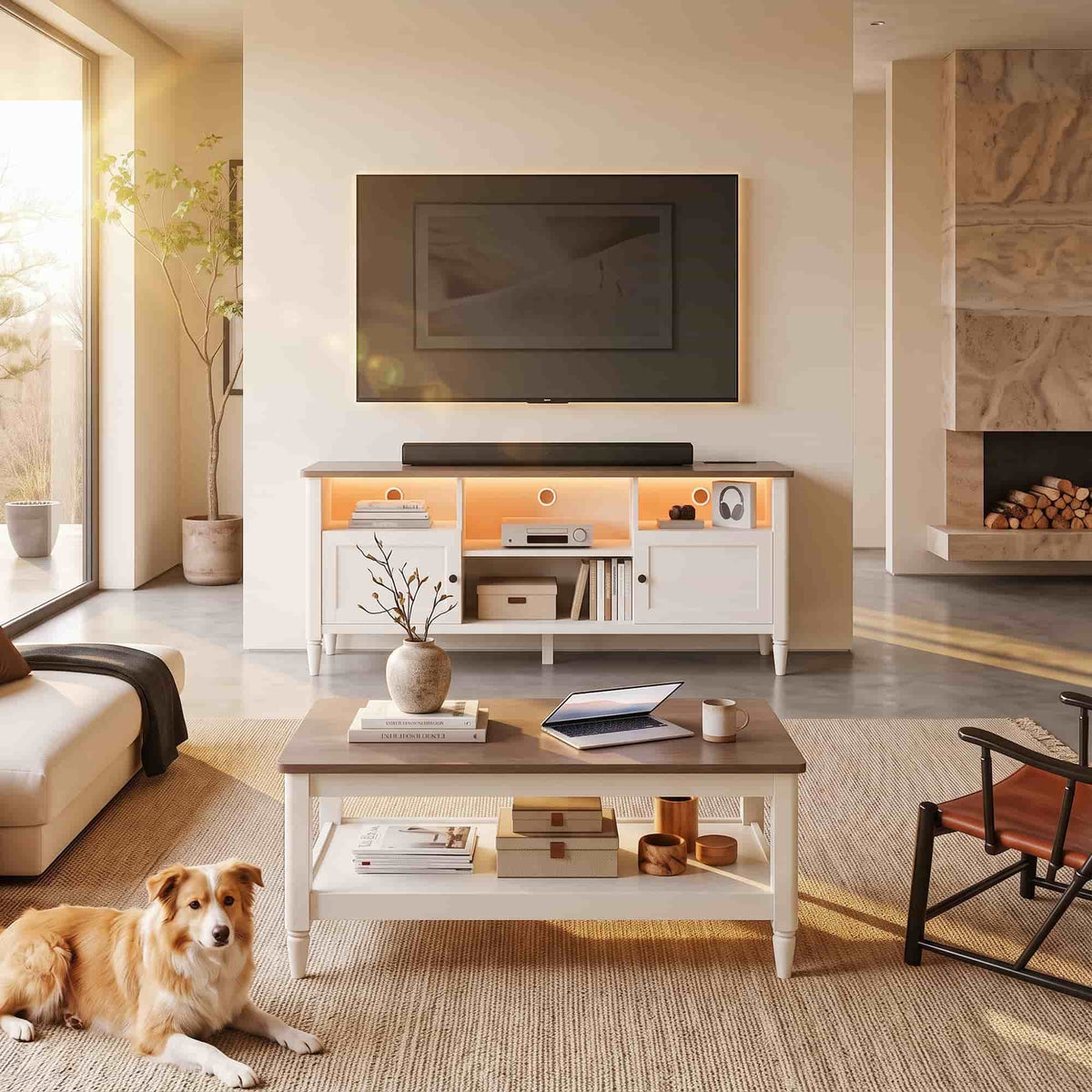 TV Stand and Coffee Table Set of 2, 55" Farmhouse TV Console with Power Outlet & 40" 2-Tier Coffee Table with Storage, Living Room Table Set