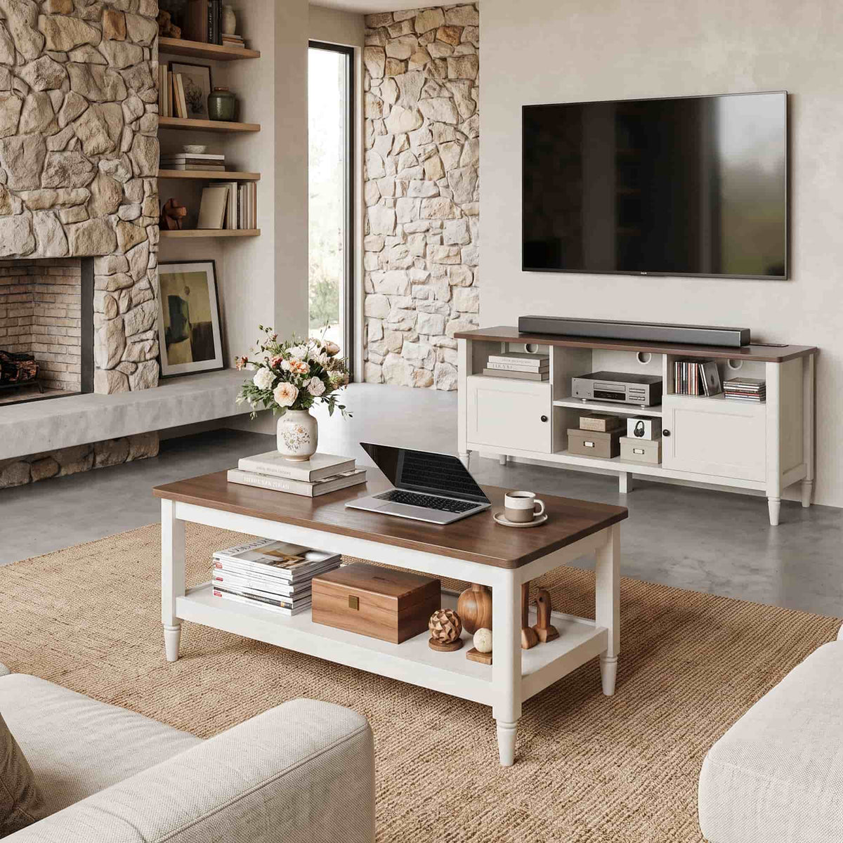 TV Stand and Coffee Table Set of 2, 55" Farmhouse TV Console with Power Outlet & 40" 2-Tier Coffee Table with Storage, Living Room Table Set