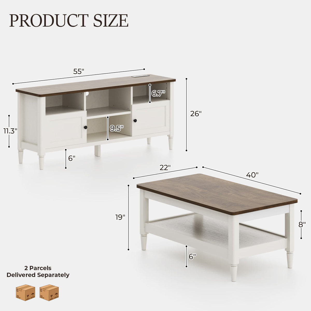 TV Stand and Coffee Table Set of 2, 55" Farmhouse TV Console with Power Outlet & 40" 2-Tier Coffee Table with Storage, Living Room Table Set