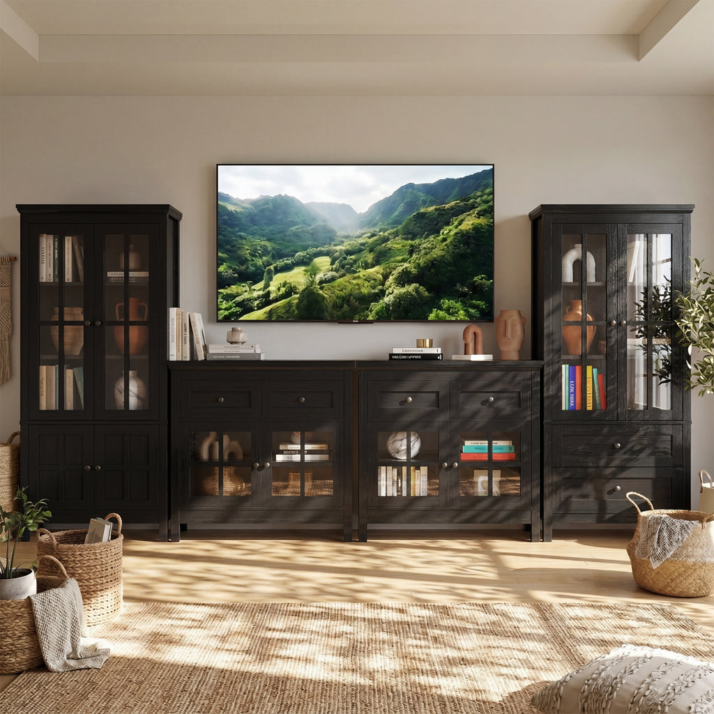 4 Piece Storage Cabinet Set, 131''W Farmhouse Wall Unit Entertainment Center with 2 Tall Cabinets & 2 Buffet Sideboard, Large TV Stand with Glass Display Cabinets & Storage