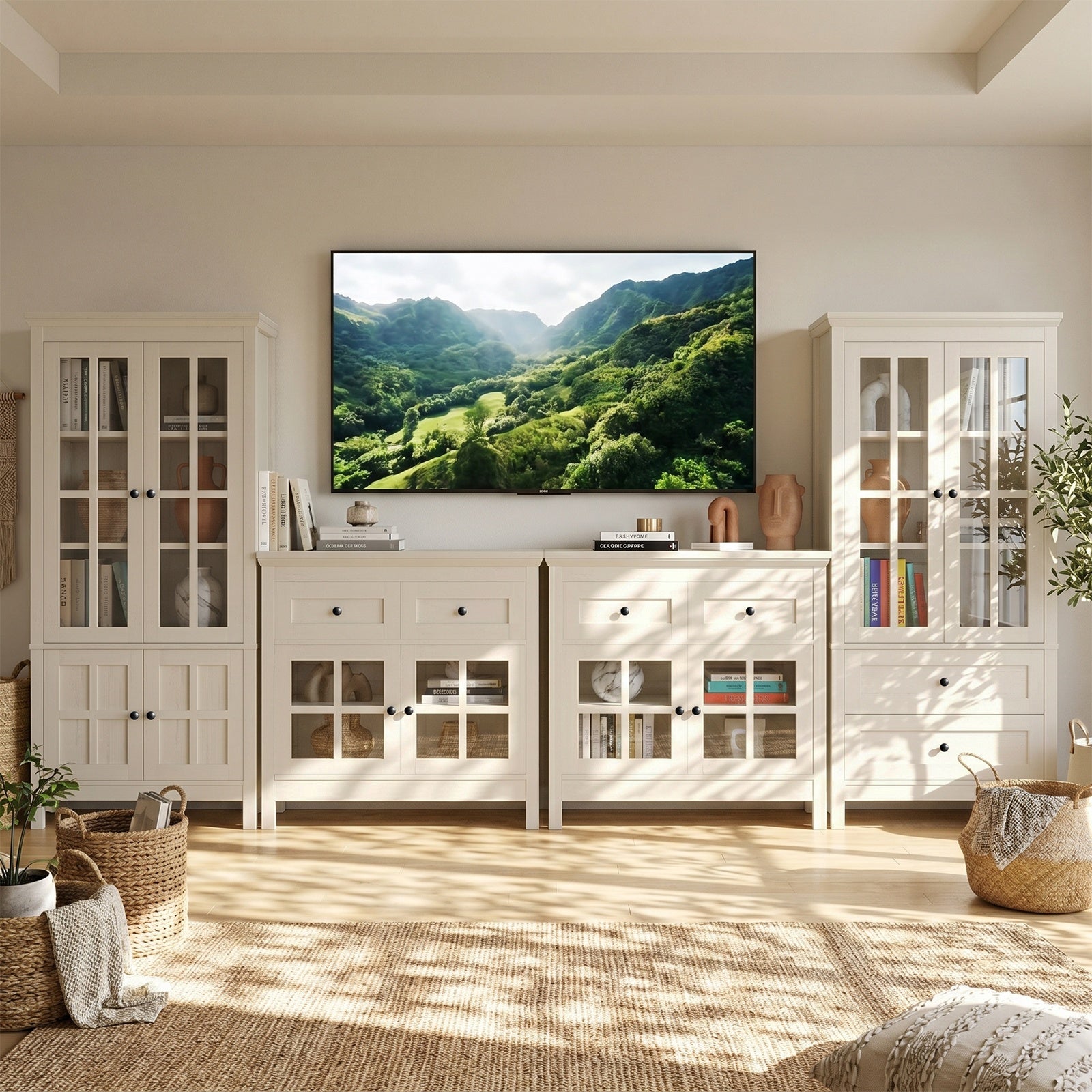 4 Piece Storage Cabinet Set, 131''W Farmhouse Wall Unit Entertainment Center with 2 Tall Cabinets & 2 Buffet Sideboard, Large TV Stand with Glass Display Cabinets & Storage