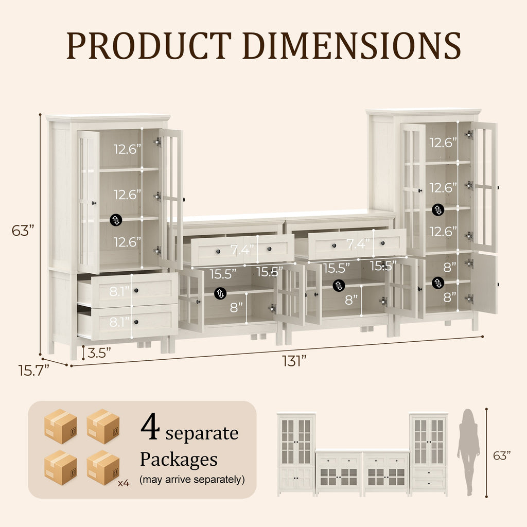 4 Piece Storage Cabinet Set, 131''W Farmhouse Wall Unit Entertainment Center with 2 Tall Cabinets & 2 Buffet Sideboard, Large TV Stand with Glass Display Cabinets & Storage