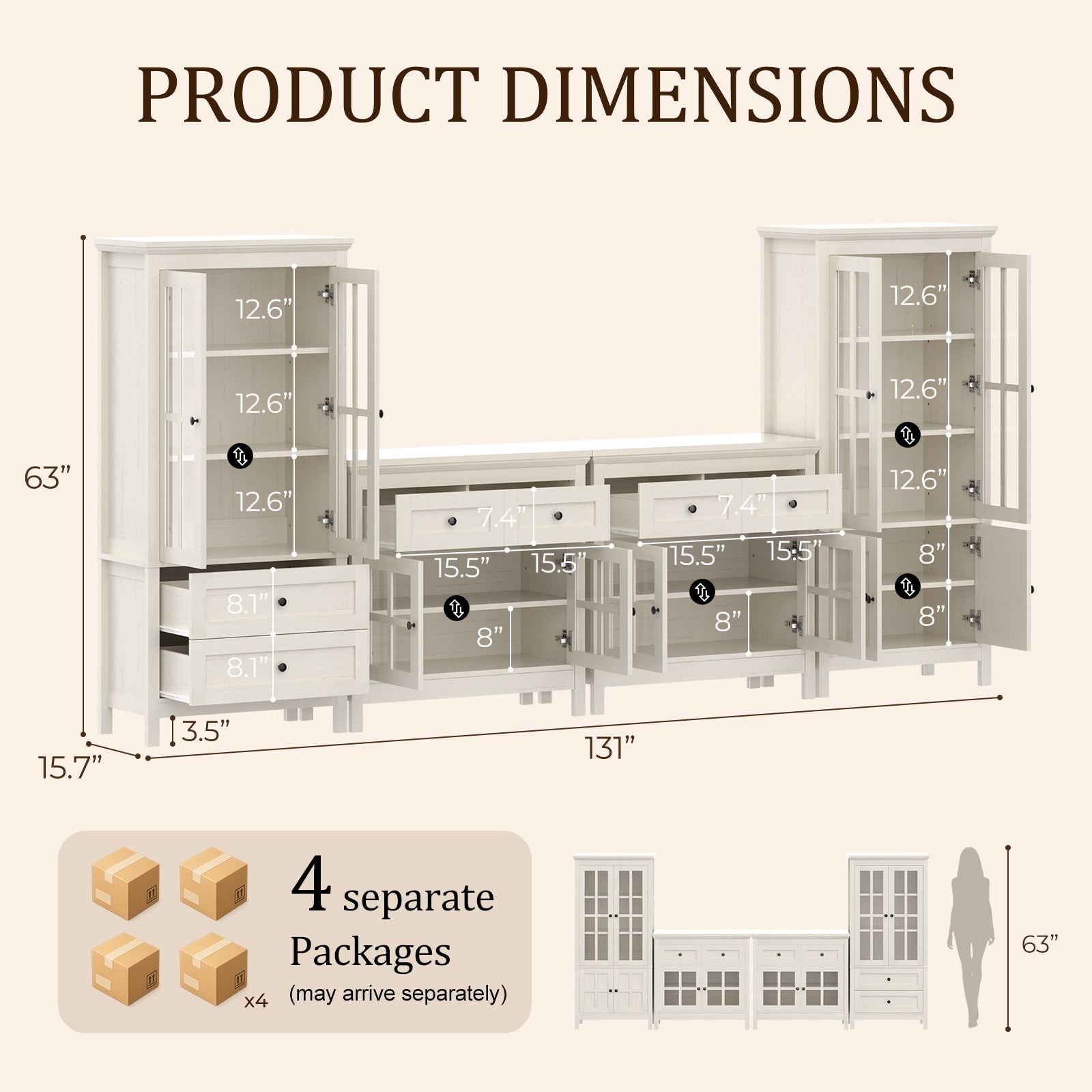 4 Piece Storage Cabinet Set, 131''W Farmhouse Wall Unit Entertainment Center with 2 Tall Cabinets & 2 Buffet Sideboard, Large TV Stand with Glass Display Cabinets & Storage