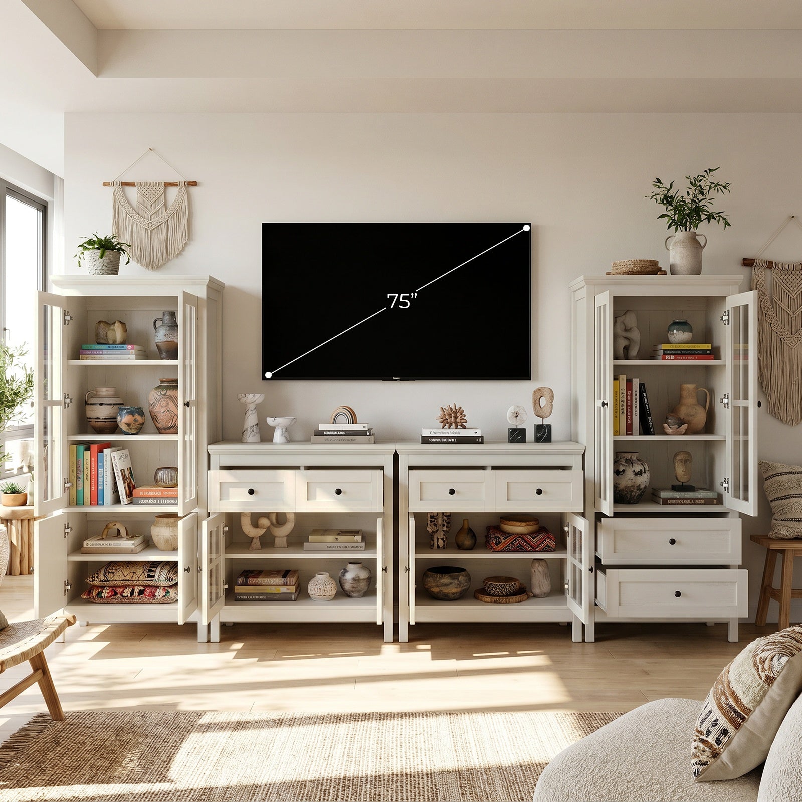 4 Piece Storage Cabinet Set, 131''W Farmhouse Wall Unit Entertainment Center with 2 Tall Cabinets & 2 Buffet Sideboard, Large TV Stand with Glass Display Cabinets & Storage