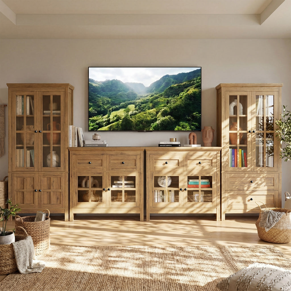 4 Piece Storage Cabinet Set, 131''W Farmhouse Wall Unit Entertainment Center with 2 Tall Cabinets & 2 Buffet Sideboard, Large TV Stand with Glass Display Cabinets & Storage