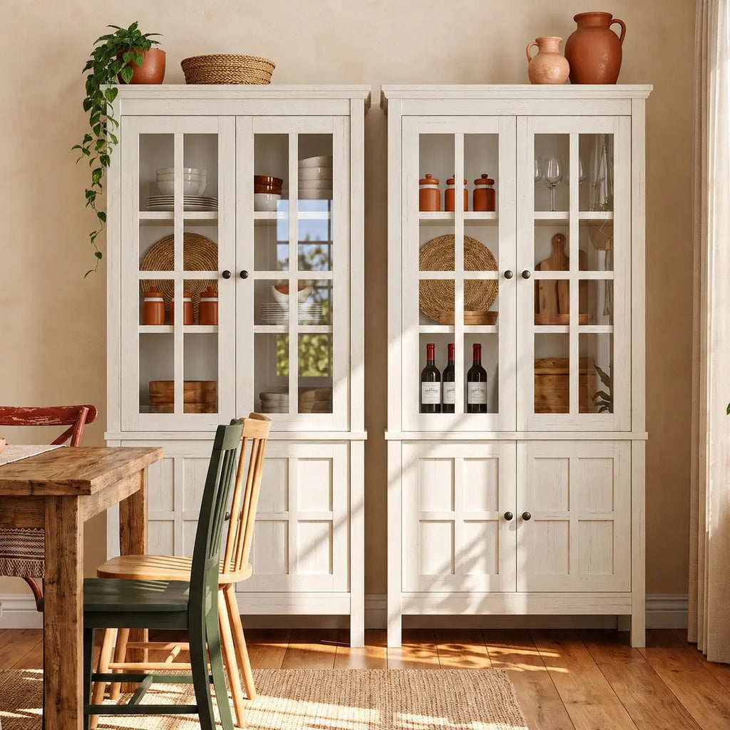 63" Tall Kitchen Pantry Storage Cabinet with Glass Doors
