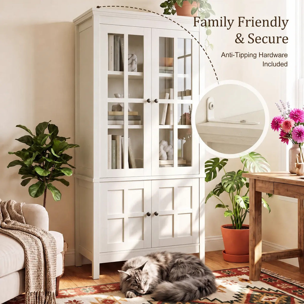 63" Tall Kitchen Pantry Storage Cabinet with Glass Doors