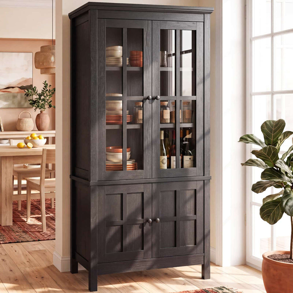 63" Tall Kitchen Pantry Storage Cabinet with Glass Doors