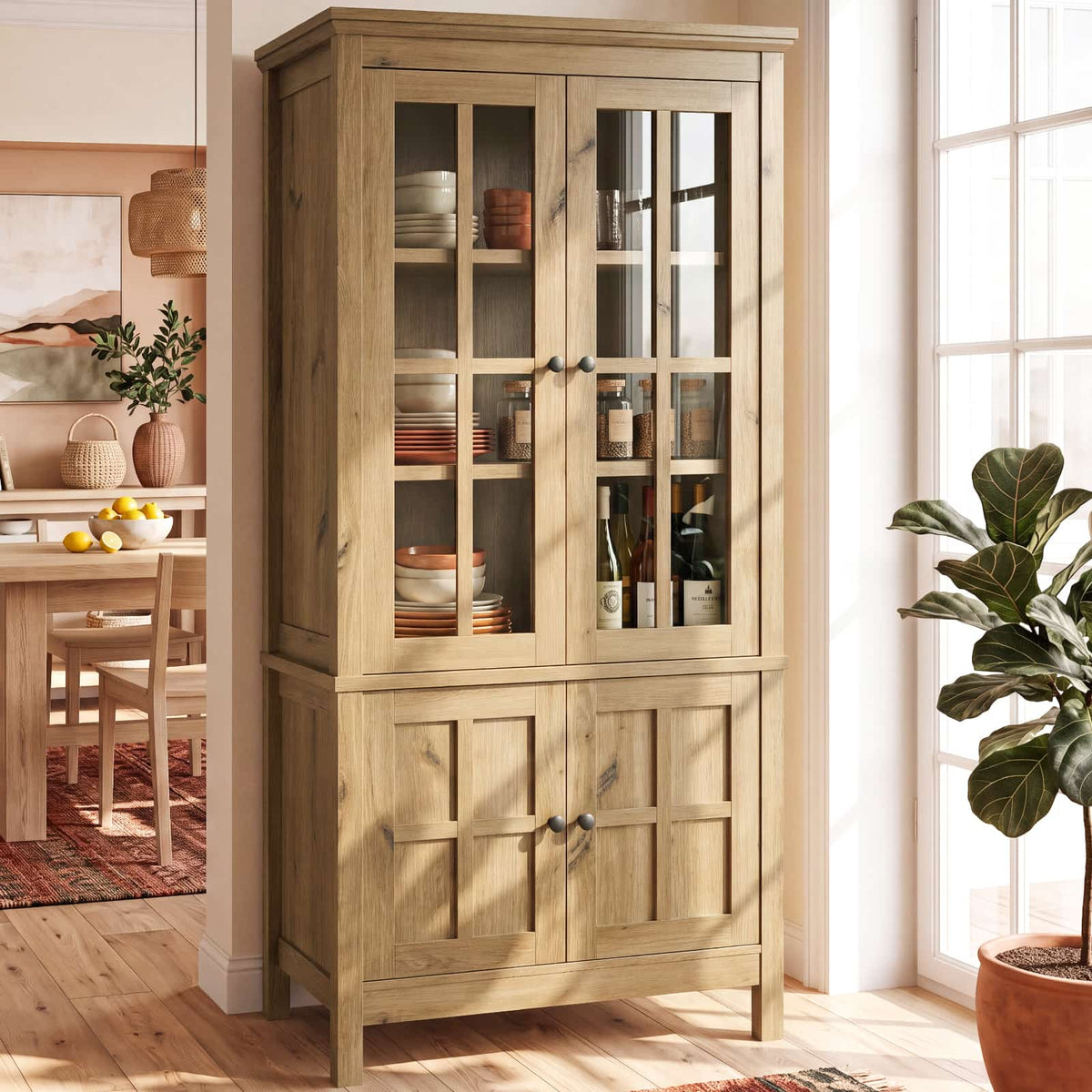 63" Tall Kitchen Pantry Storage Cabinet with Glass Doors