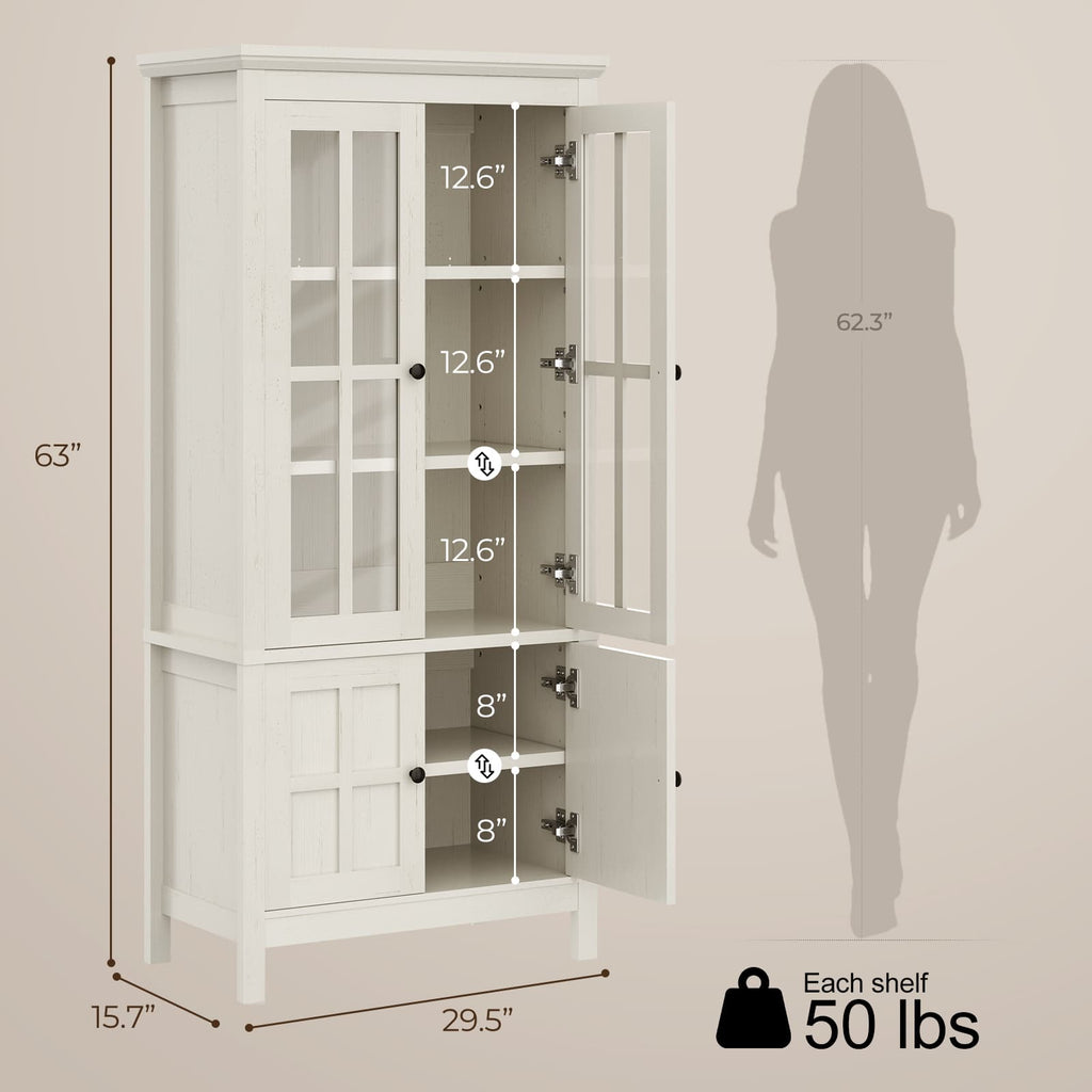 63" Tall Kitchen Pantry Storage Cabinet with Glass Doors