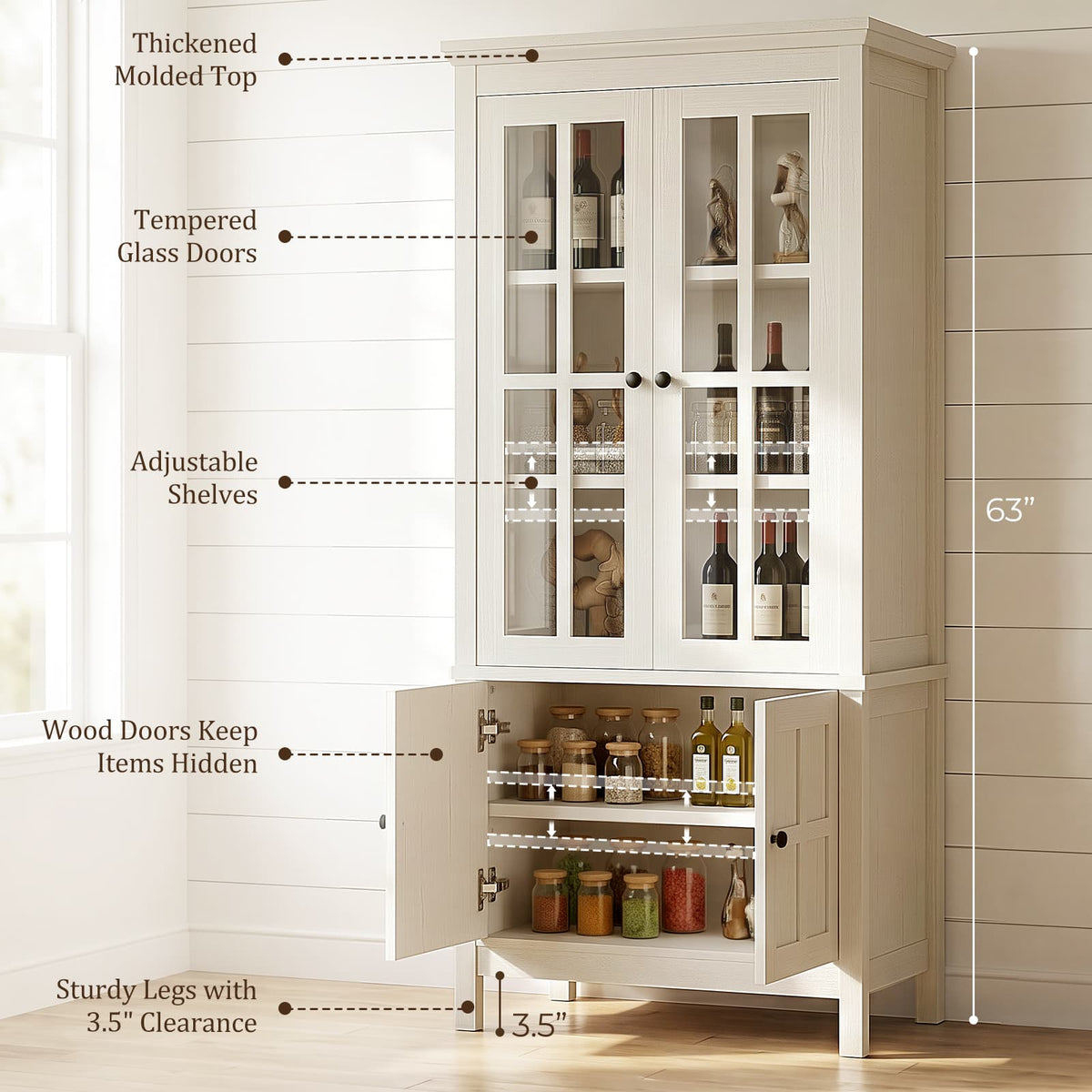 63" Tall Kitchen Pantry Storage Cabinet with Glass Doors