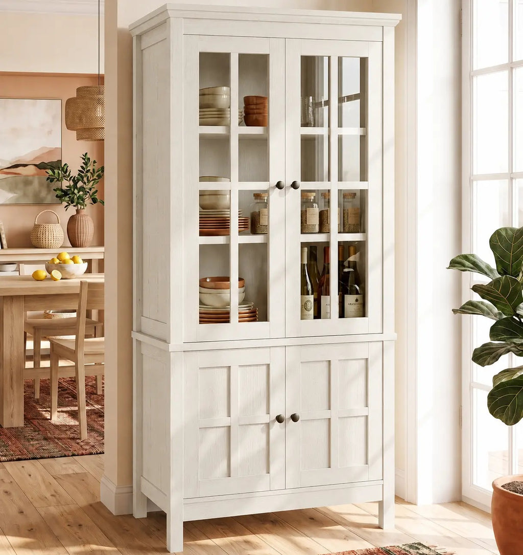 63" Tall Kitchen Pantry Storage Cabinet with Glass Doors