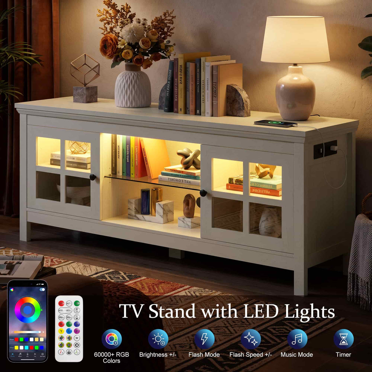 55" TV Stand with Charging Station & LED Light for TVs up to 60"