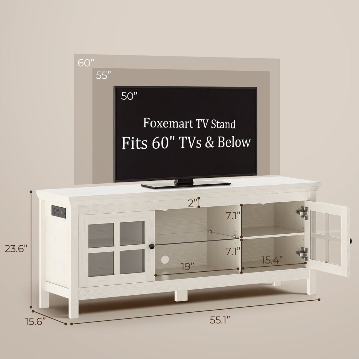 55" TV Stand with Charging Station & LED Light for TVs up to 60"