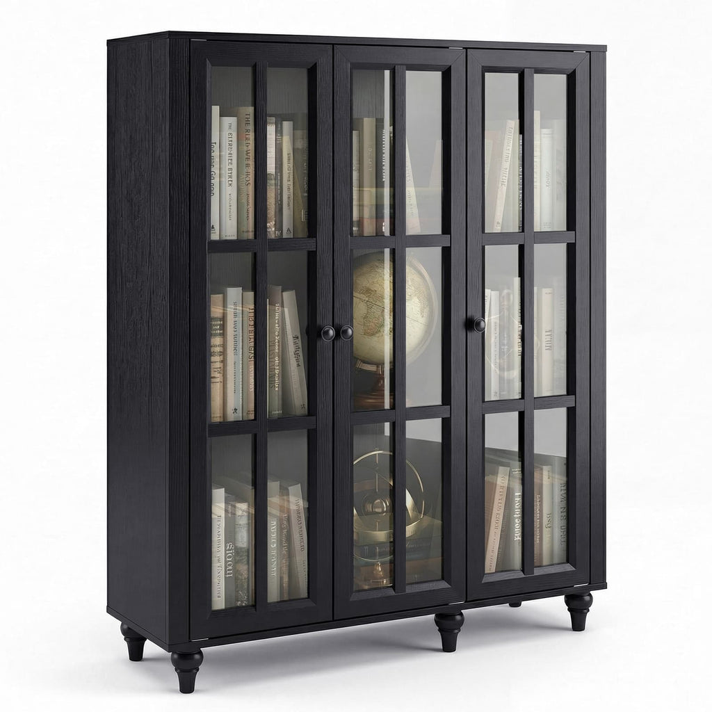 51 Inch Display Bookshelf, 3 Tier Wood Bookcase with 3 Glass Doors
