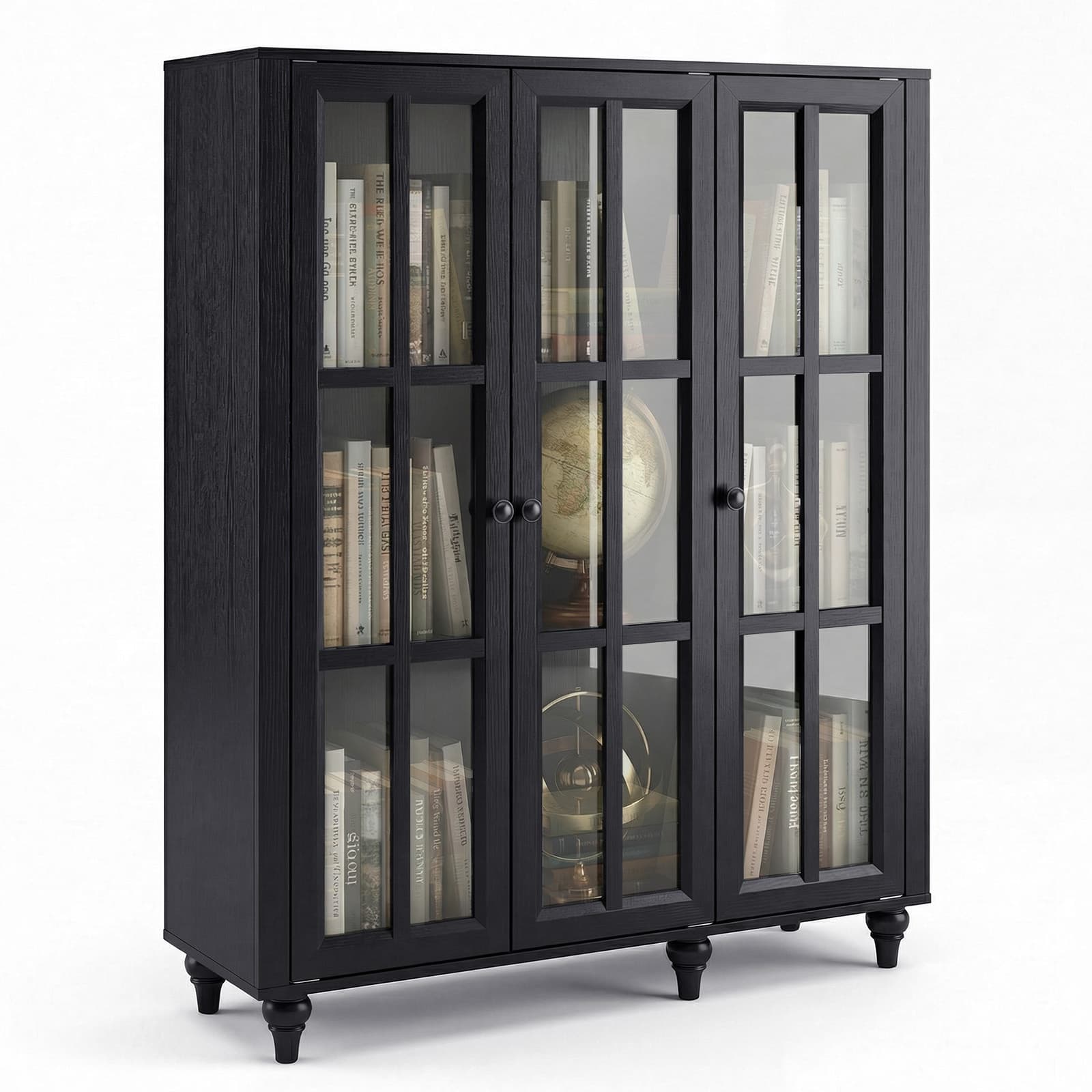 51 Inch Display Bookshelf, 3 Tier Wood Bookcase with 3 Glass Doors